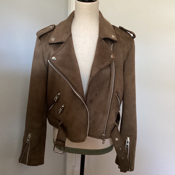 T TAHARI SIZE MEDIUM BROWN MOTO JACKET FAUX SUEDE - Picture 3 of 13